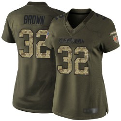 Elite Women's Jim Brown Green Jersey - #32 Football Cleveland Browns Salute to Service