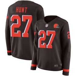Limited Women's Kareem Hunt Brown Jersey - #27 Football Cleveland Browns Therma Long Sleeve