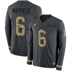 Limited Youth Baker Mayfield Black Jersey - #6 Football Cleveland Browns Salute to Service Therma Long Sleeve