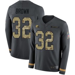 Limited Youth Jim Brown Black Jersey - #32 Football Cleveland Browns Salute to Service Therma Long Sleeve