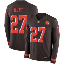 Limited Youth Kareem Hunt Brown Jersey - #27 Football Cleveland Browns Therma Long Sleeve