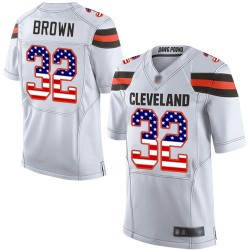 Elite Men's Jim Brown White Road Jersey - #32 Football Cleveland Browns USA Flag Fashion